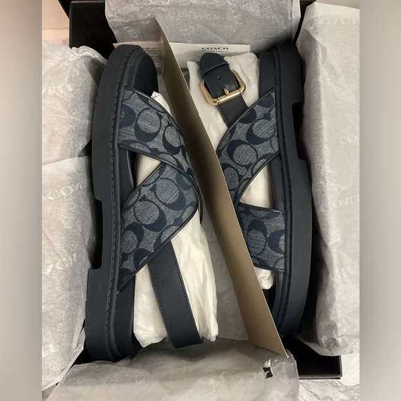 Coach Women Signature Fraser Chambray Sandal Midnight Navy Sz 9 B NWB - Picture 12 of 12